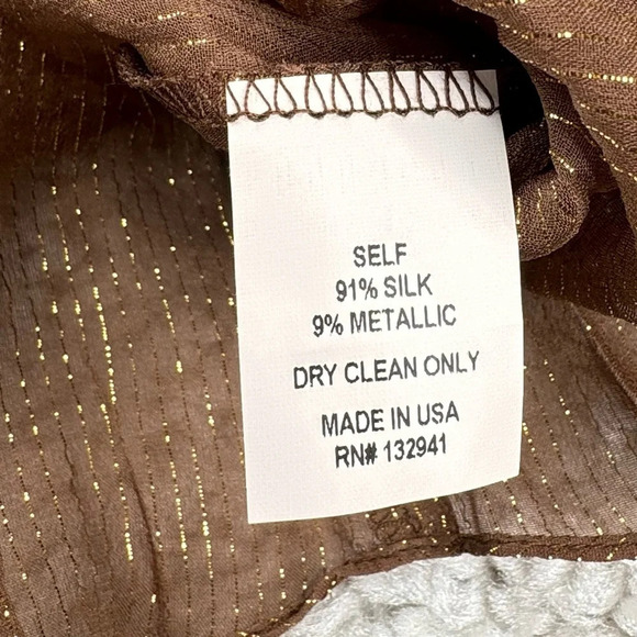 Amanda Uprichard Silk Blouse. Harvest Brown Metallic Gold. Semi Sheer. - Picture 7 of 11